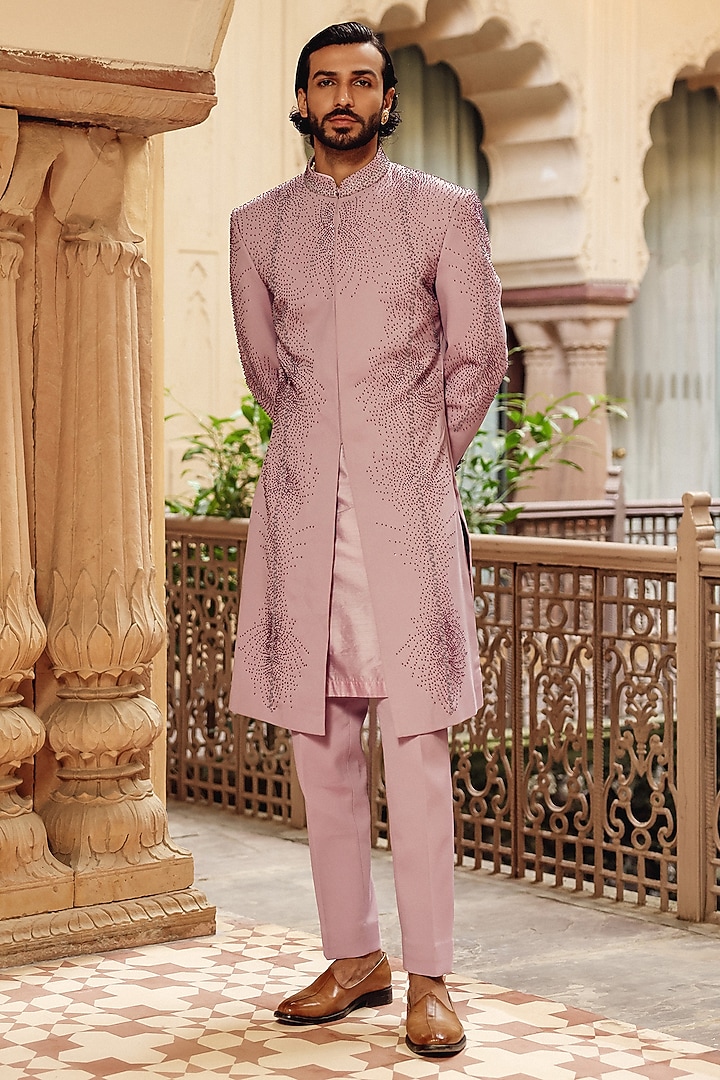 Dusty Rose Mauve Raw Silk Embellished Groom Indowestern Set by Amit Behki at Pernia's Pop Up Shop