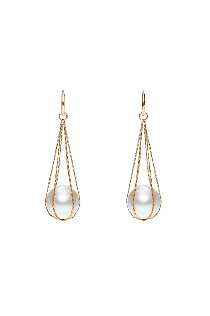 Gold Finish Pearl Dangler Earrings In Sterling Silver by Ambar House at Pernia's Pop Up Shop