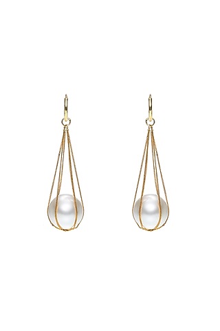 Gold Finish Pearl Dangler Earrings In Sterling Silver by Ambar House