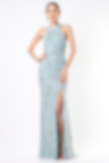 Ice Blue Nylon Mesh Slit Gown by Ambrosia at Pernia's Pop Up Shop