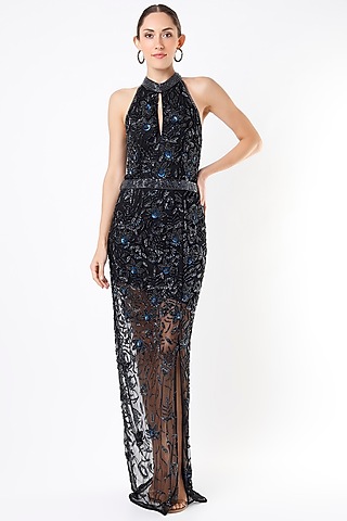 Black Nylon Mesh Slit Gown by Ambrosia