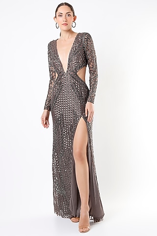 Grey Pyramid High-Slit Gown by Ambrosia