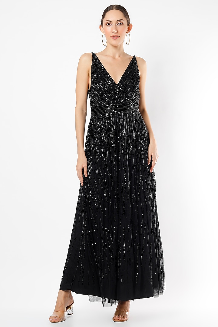Black Gown With Beaded Detailing by Ambrosia
