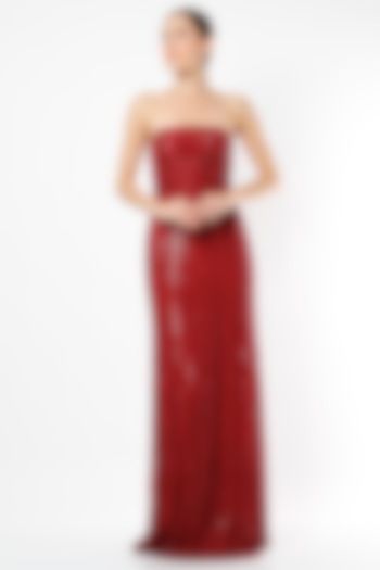 Red Sequins Metallic Gown by Ambrosia