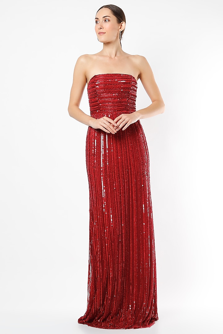 Red Sequins Metallic Gown by Ambrosia