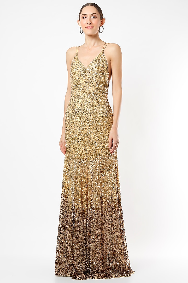 Golden Hand Embroidered Gown by Ambrosia