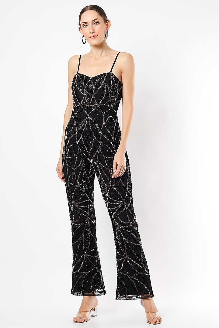 Black Embroidered Strappy Jumpsuit by Ambrosia
