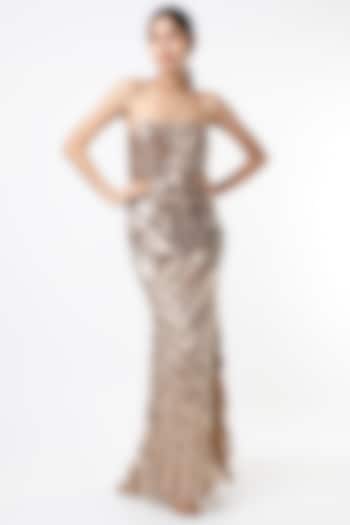 Gold & Beige Sequins Embroidered Metallic Gown by Ambrosia