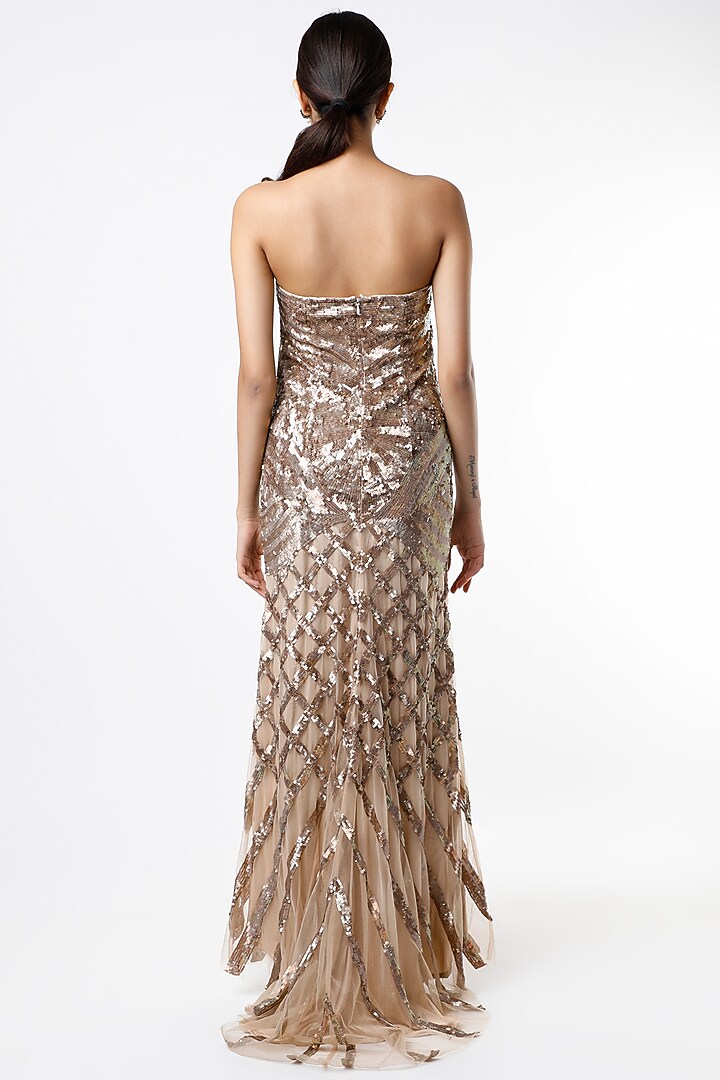 Gold & Beige Sequins Embroidered Metallic Gown by Ambrosia at Pernia's Pop Up Shop