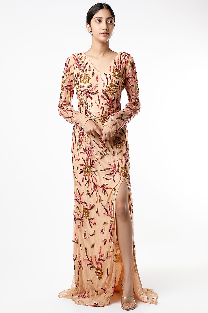 Peach Sequins Embroidered Gown by Ambrosia