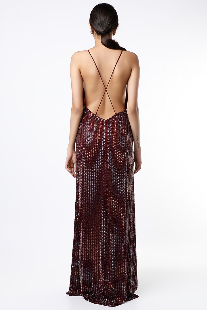 Maroon Sequins Hand Embroidered Gown by Ambrosia at Pernia's Pop Up Shop
