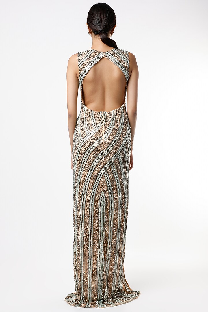 Gold & Beige Sequins Embroidered Gown by Ambrosia at Pernia's Pop Up Shop
