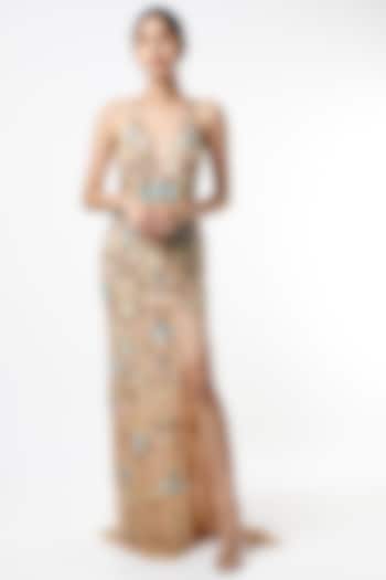 Beige Sequins Embroidered Gown by Ambrosia