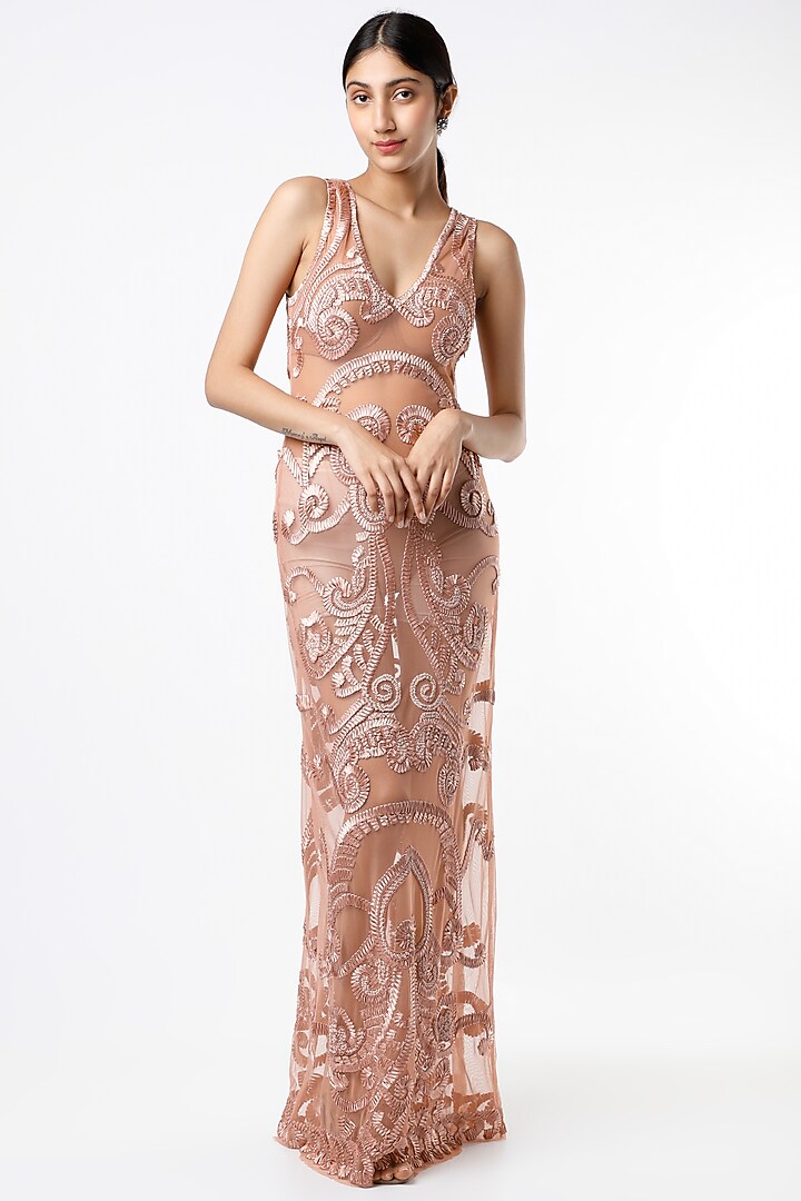 Nude Applique Embroidered Gown by Ambrosia