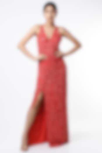 Red Sequins Embroidered Gown by Ambrosia