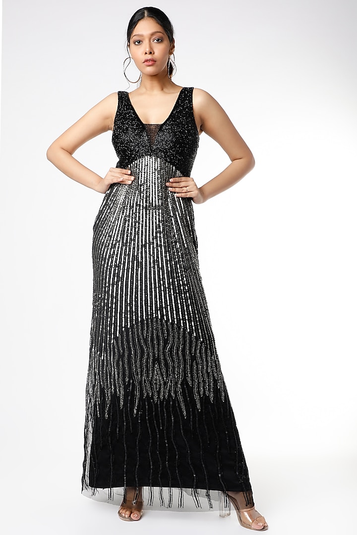 Black Sequins Embroidered Evening Gown by Ambrosia