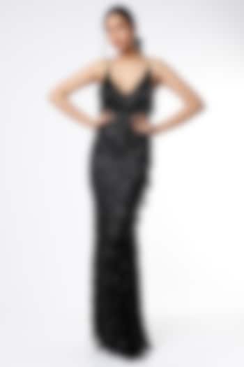 Black Sequins Embroidered Strappy Evening Gown by Ambrosia