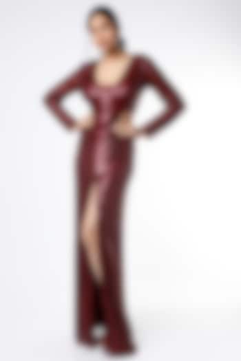 Maroon Sequins Embroidered Evening Gown by Ambrosia