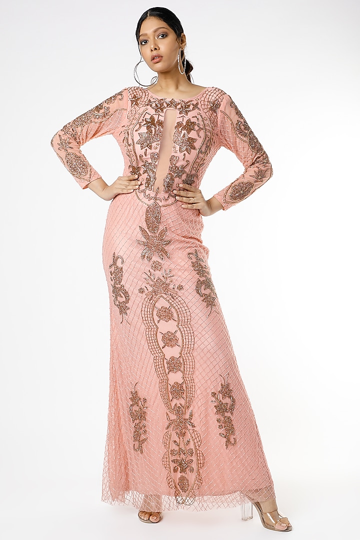 Peach Sequins Embroidered Gown by Ambrosia