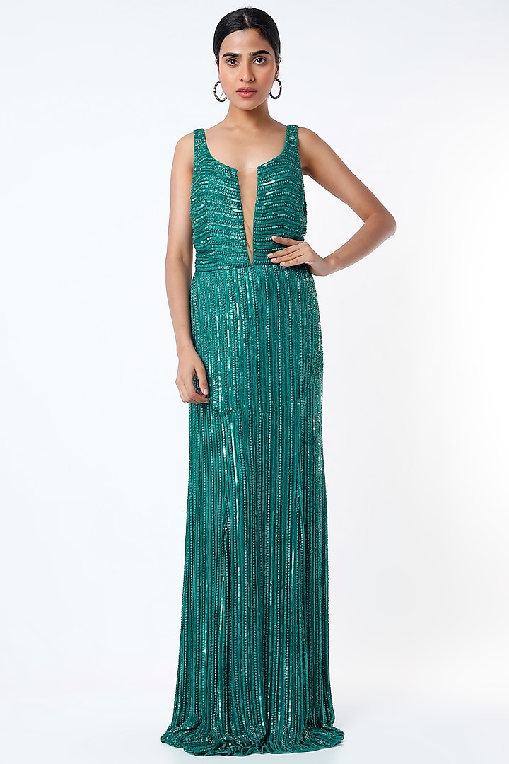 Teal Hand Embellished Gown by Ambrosia