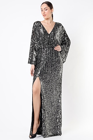 Charcoal Black Hand Embellished Gown by Ambrosia