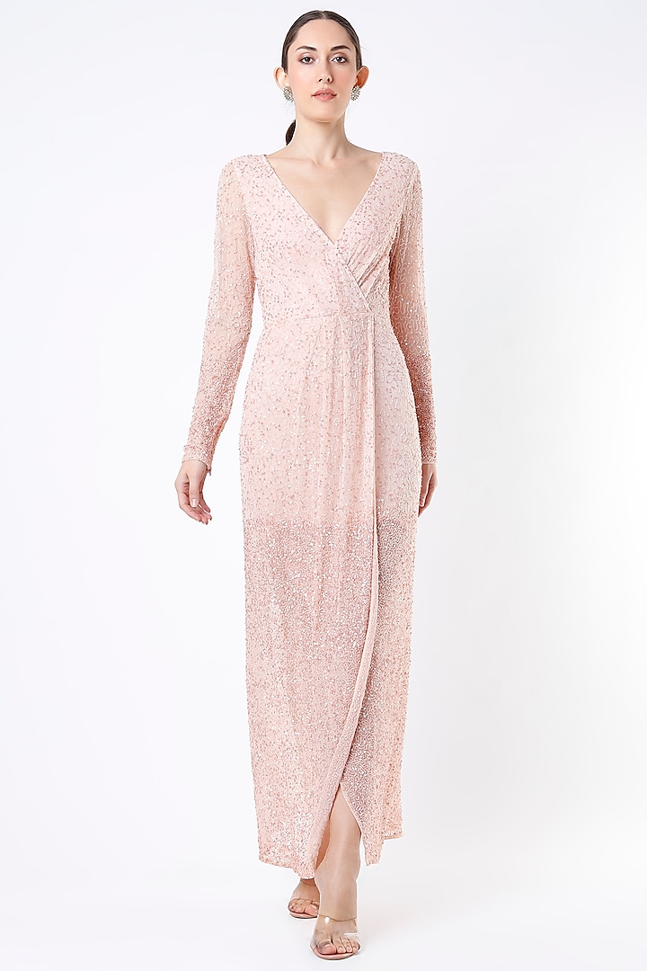 Light Pink Embroidered Wrap Gown by Ambrosia
