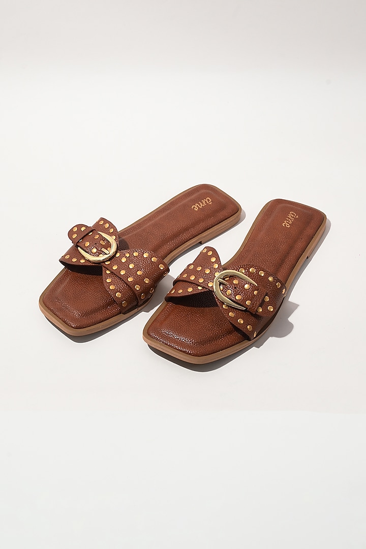 Tan Vegan Leather Studded Flats by Ame