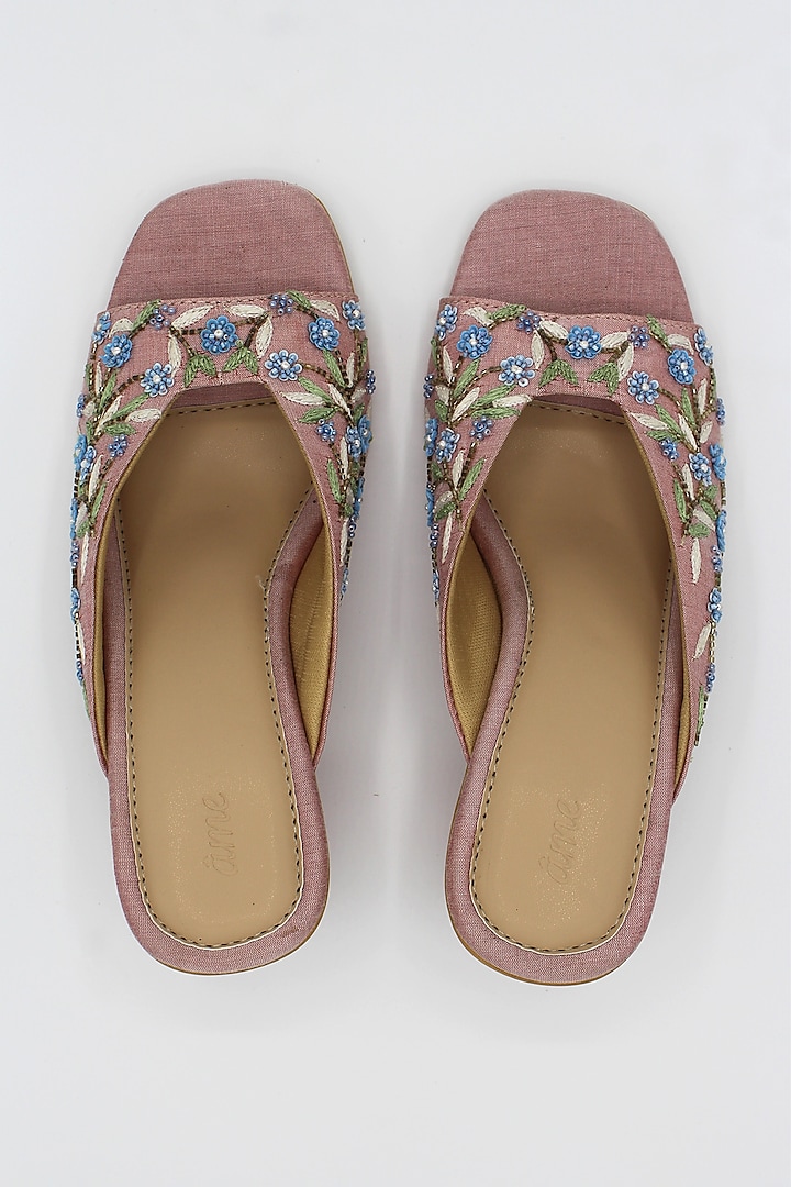 Pink Hand Embroidered Block Heels by Ame
