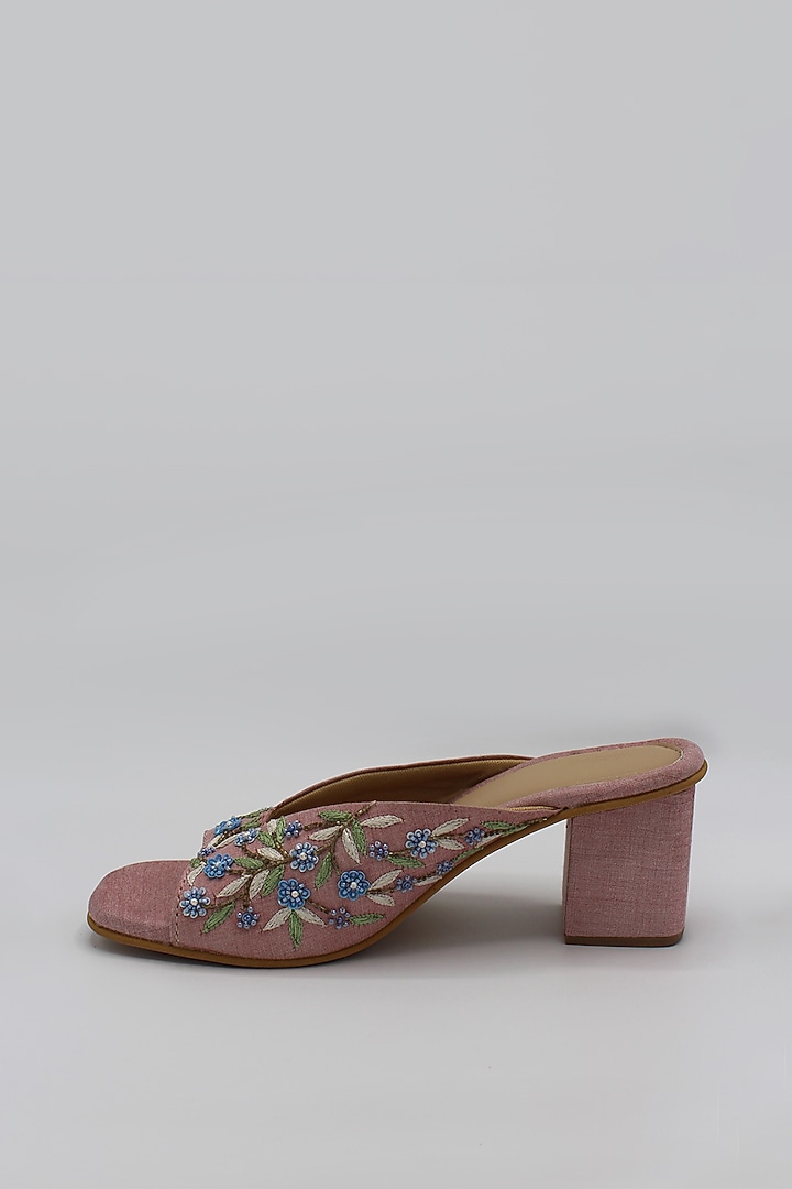 Pink Hand Embroidered Block Heels by Ame at Pernia's Pop Up Shop
