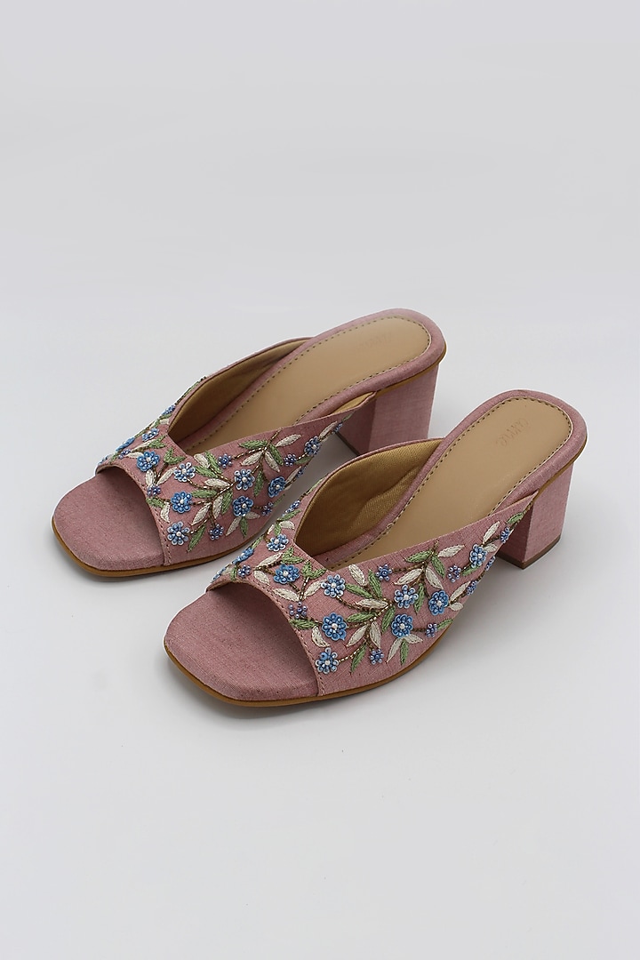 Pink Hand Embroidered Block Heels by Ame at Pernia's Pop Up Shop