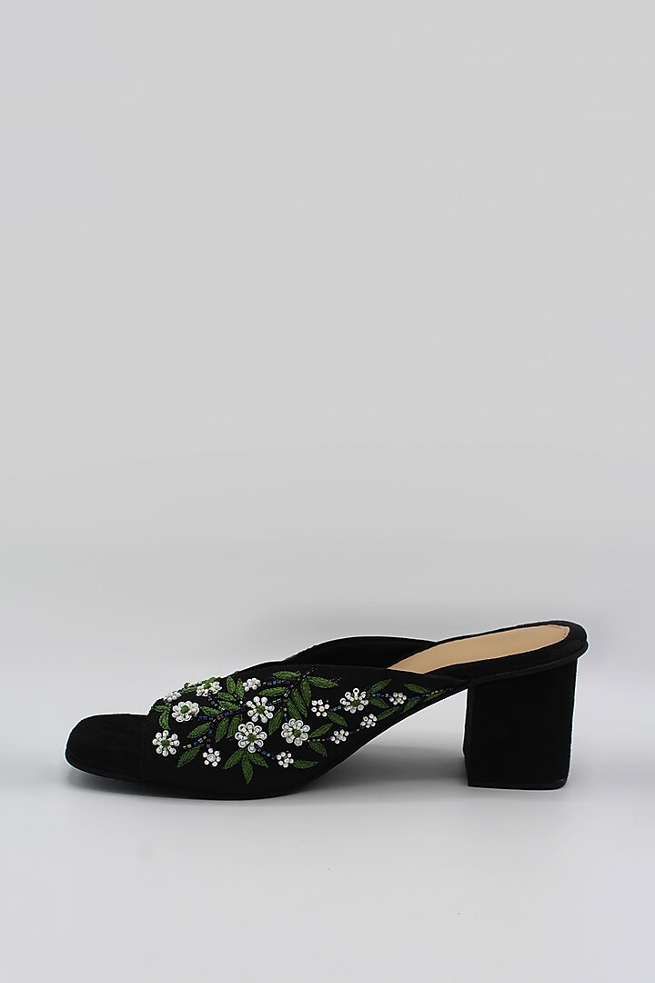Black Hand Embroidered Block Heels by Ame at Pernia's Pop Up Shop