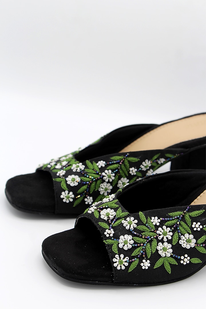 Black Hand Embroidered Block Heels by Ame at Pernia's Pop Up Shop