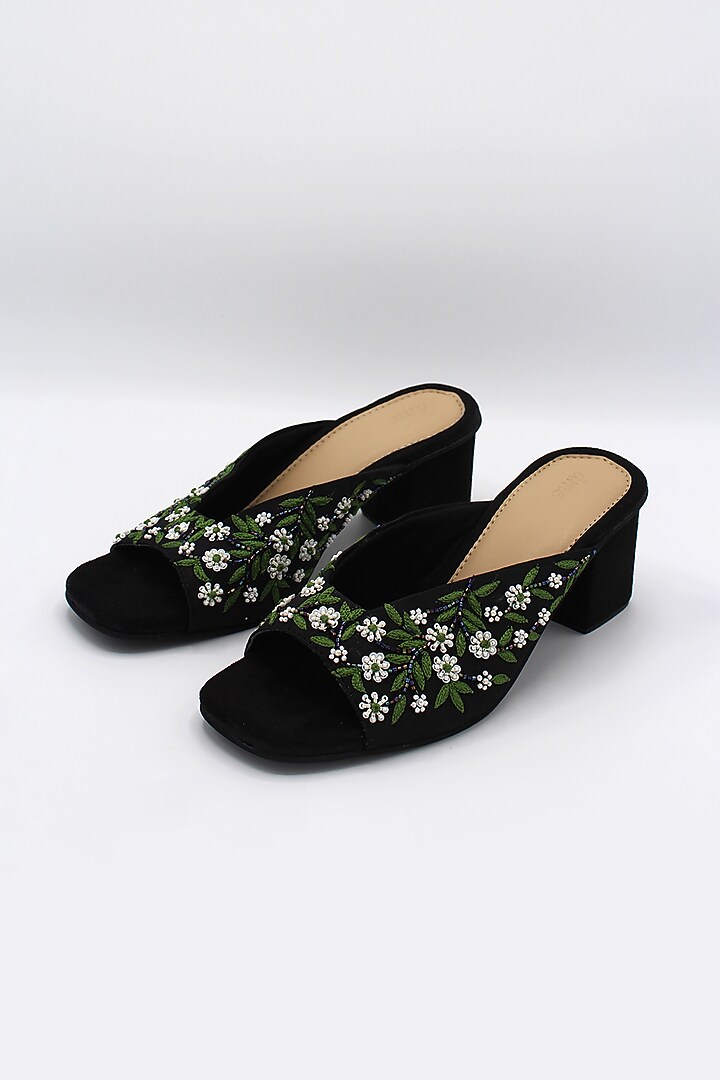 Black Hand Embroidered Block Heels by Ame at Pernia's Pop Up Shop