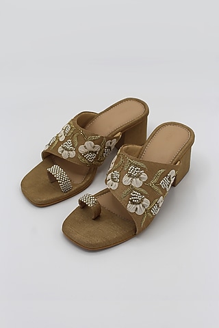 Gold Hand Embroidered Block Heels by Ame