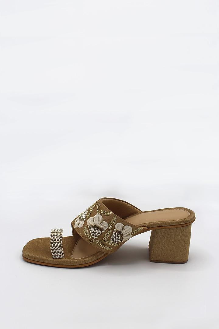 Gold Hand Embroidered Block Heels by Ame at Pernia's Pop Up Shop