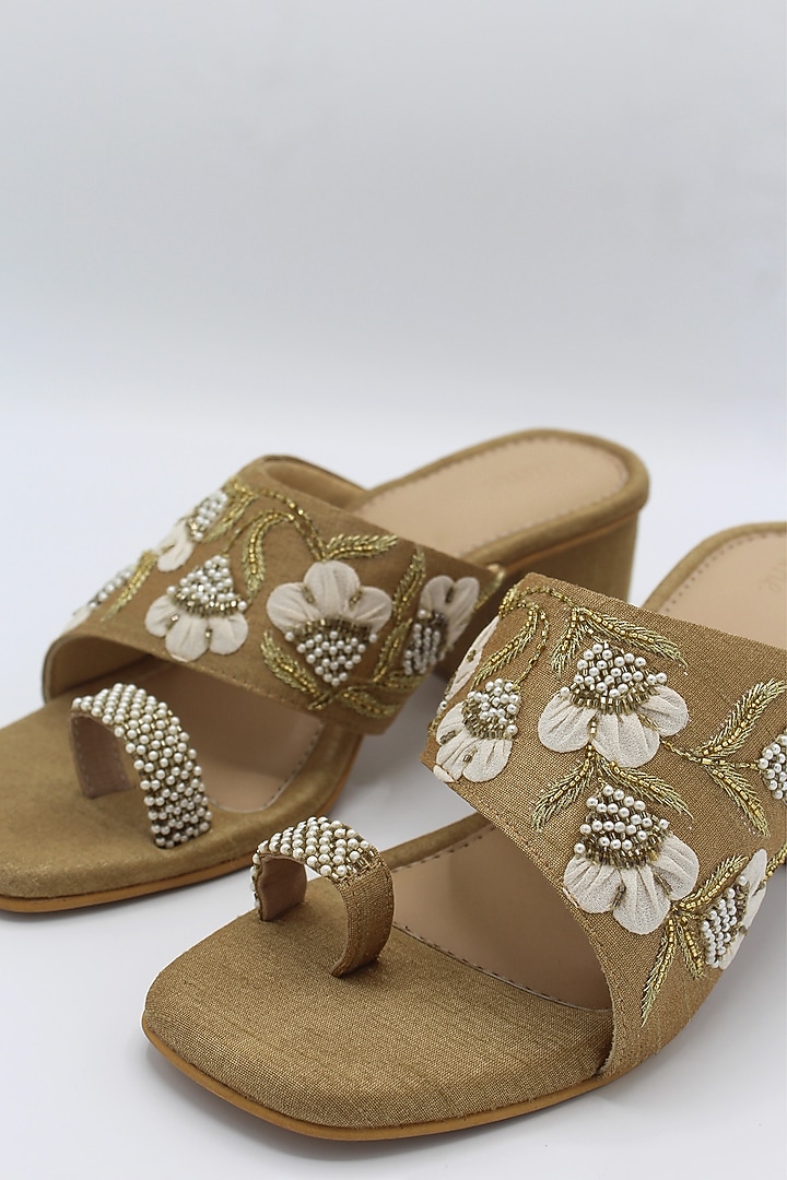 Gold Hand Embroidered Block Heels by Ame at Pernia's Pop Up Shop