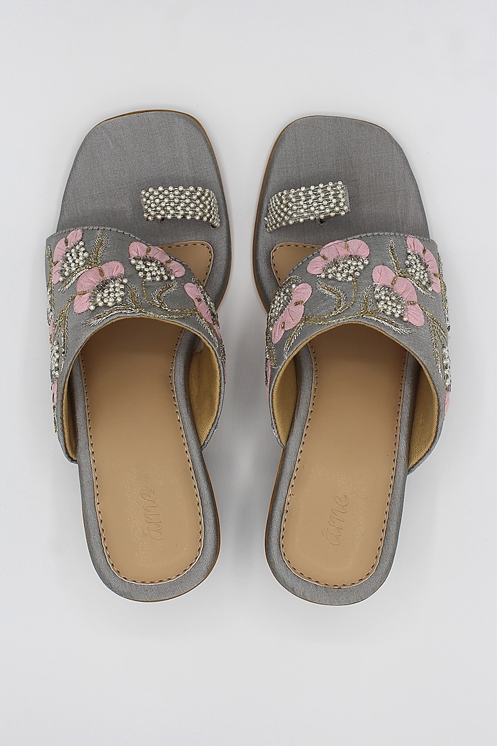 Grey Hand Embroidered Block Heels by Ame
