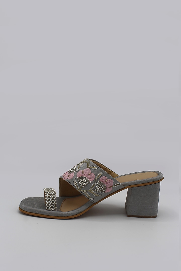 Grey Hand Embroidered Block Heels by Ame at Pernia's Pop Up Shop
