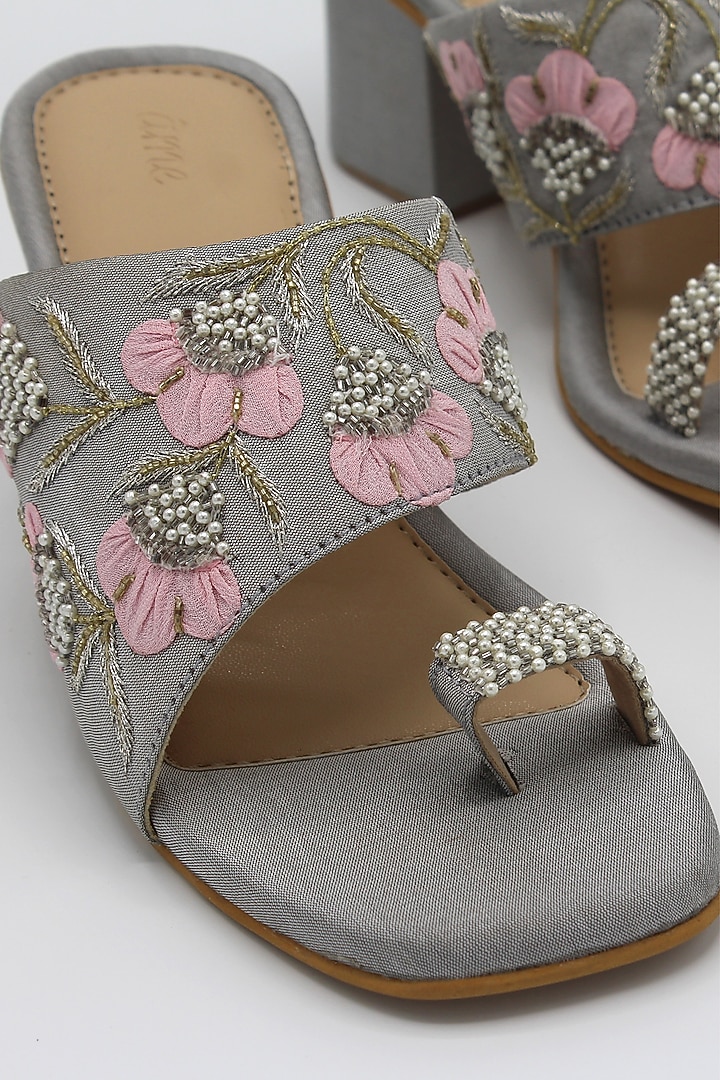 Grey Hand Embroidered Block Heels by Ame at Pernia's Pop Up Shop