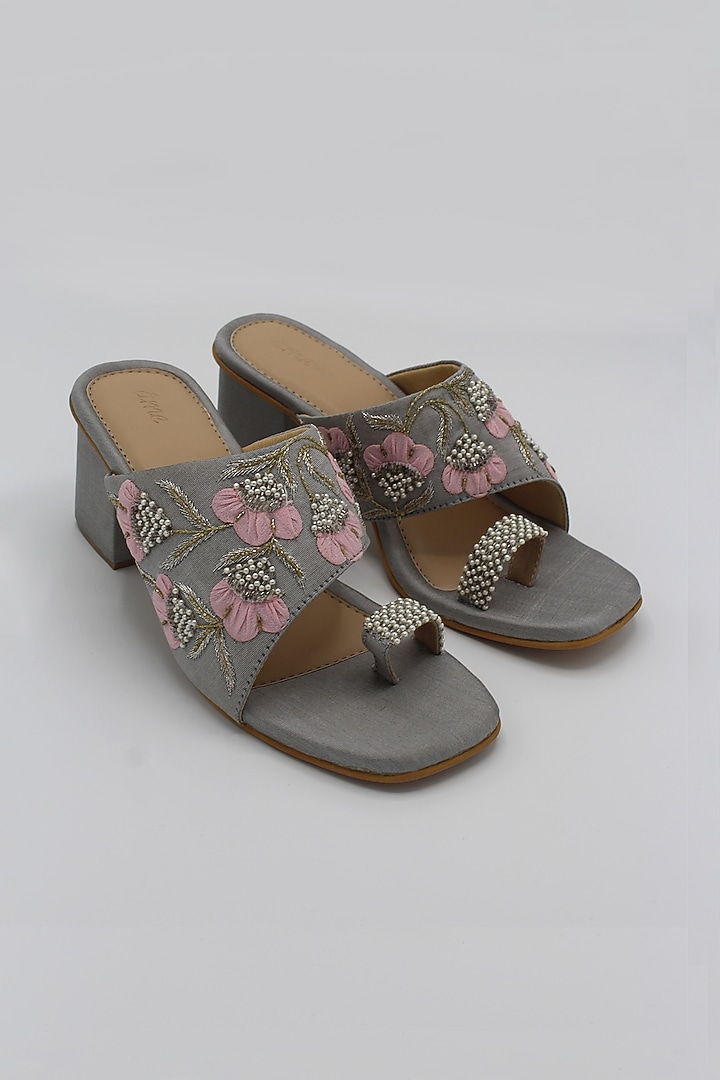Grey Hand Embroidered Block Heels by Ame at Pernia's Pop Up Shop