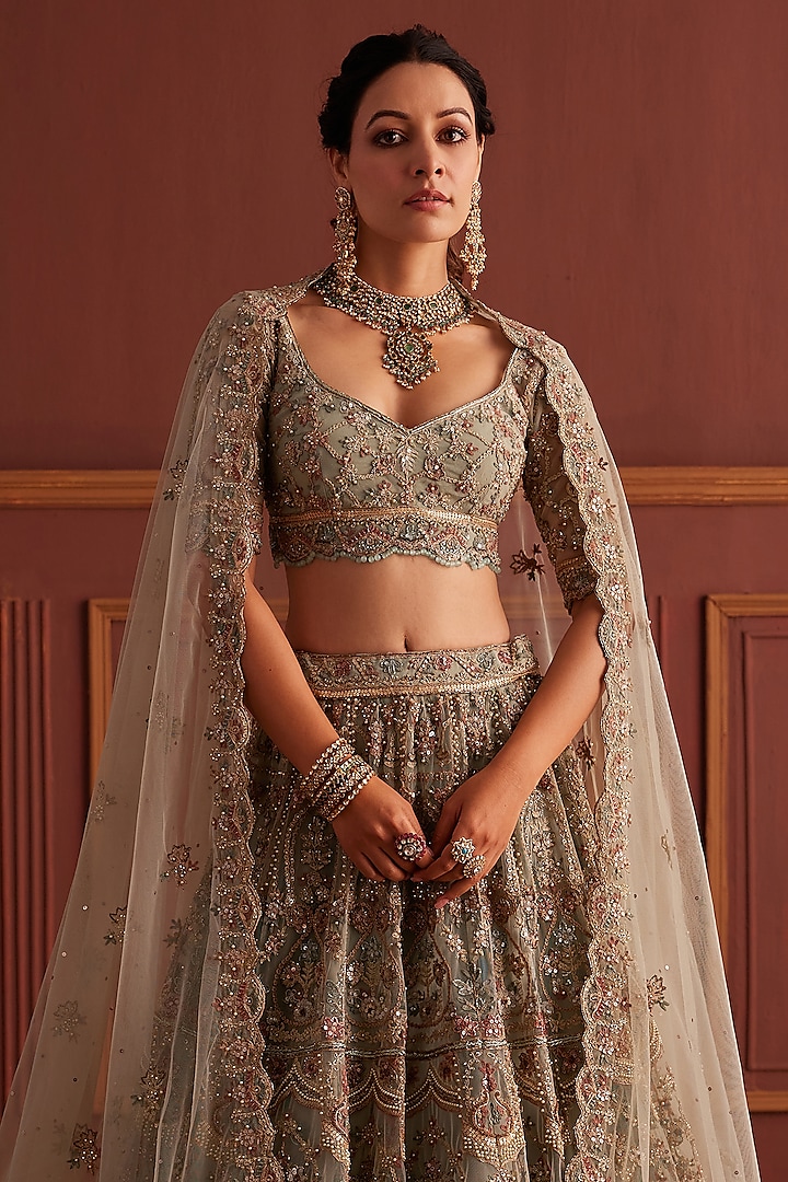 Sage Green Net Resham Embellished Flared Bridal Lehenga Set by Anjanaa M Dang at Pernia's Pop Up Shop