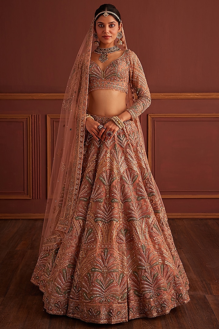 Pink Net Pearl Embellished Flared Bridal Lehenga Set by Anjanaa M Dang at Pernia's Pop Up Shop