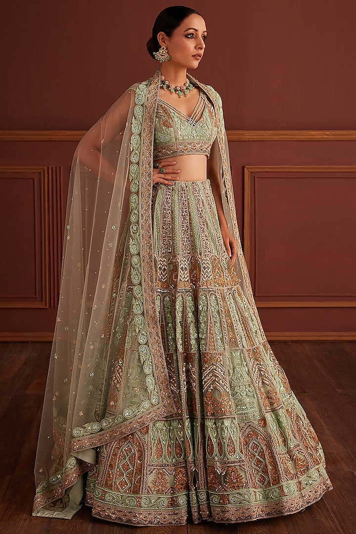 Green Net Motif Embellished Bridal Lehenga Set by Anjanaa M Dang at Pernia's Pop Up Shop