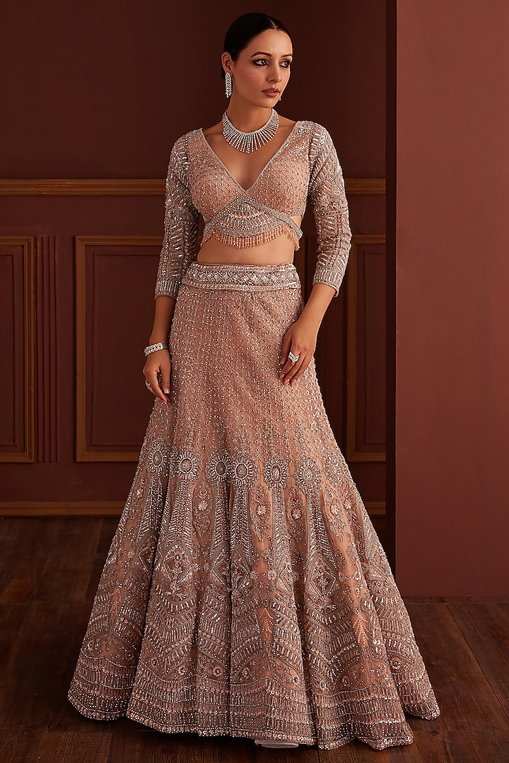 Nude Pink Swarovski & Crystal Embellished Mermaid Bridal Lehenga Set by Anjanaa M Dang at Pernia's Pop Up Shop