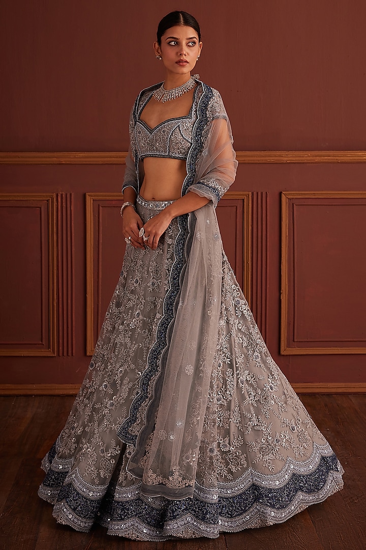 Grey Net Bead Embellished Scalloped Bridal Lehenga Set by Anjanaa M Dang at Pernia's Pop Up Shop