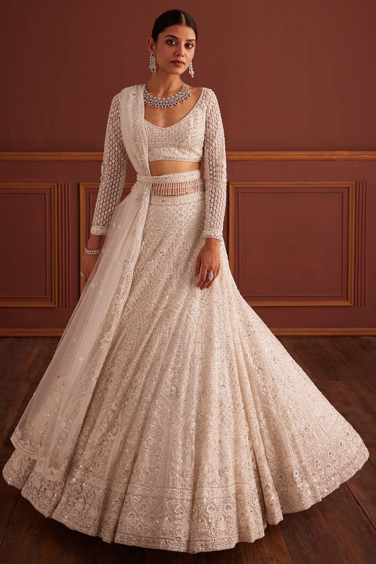 White Net Swarovski Embellished Bridal Lehenga Set by Anjanaa M Dang at Pernia s Pop Up Shop 2024