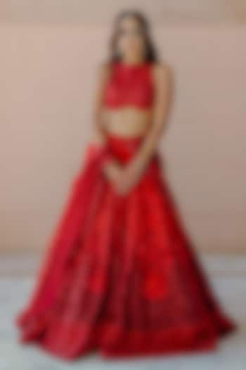 Ombre Red Pure Georgette Swarovski Embellished Bridal Lehenga Set by Anjanaa M Dang at Pernia's Pop Up Shop