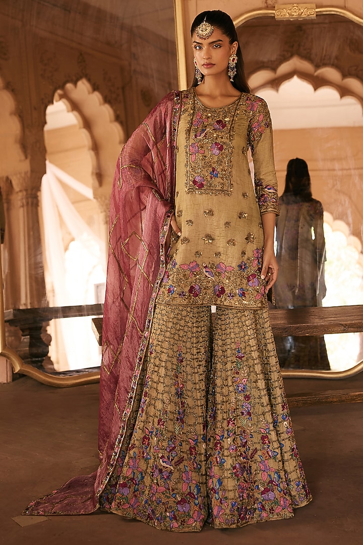 Gold Silk Tissue Dabka & Nakshi Hand Embroidered Gharara Set by Anjanaa M Dang at Pernia's Pop Up Shop
