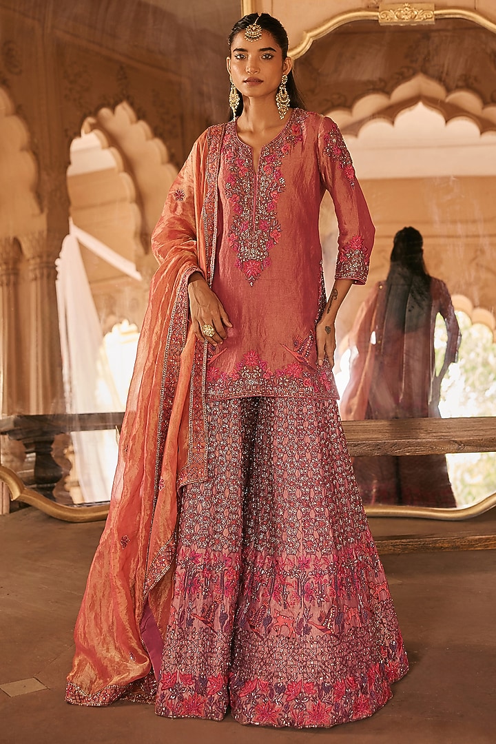 Pink Silk Tissue Resham & Sequin Embroidered Bridal Sharara Set by Anjanaa M Dang at Pernia's Pop Up Shop