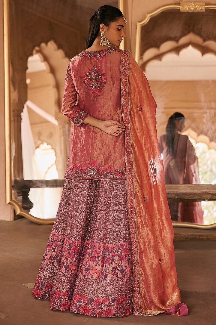 Pink Silk Tissue Resham & Sequin Embroidered Bridal Sharara Set by Anjanaa M Dang at Pernia's Pop Up Shop